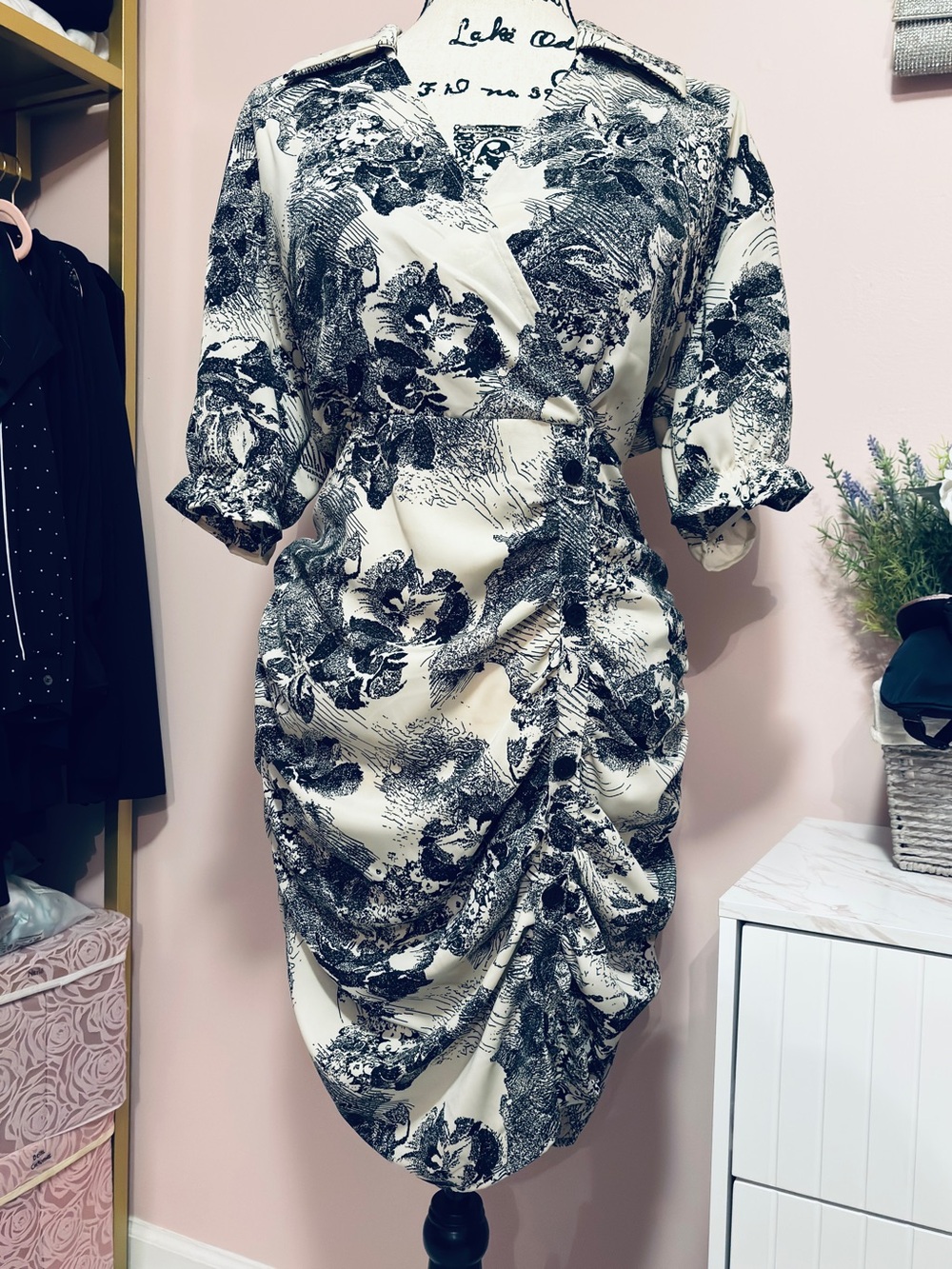 Navy and White Toile Midi Dress